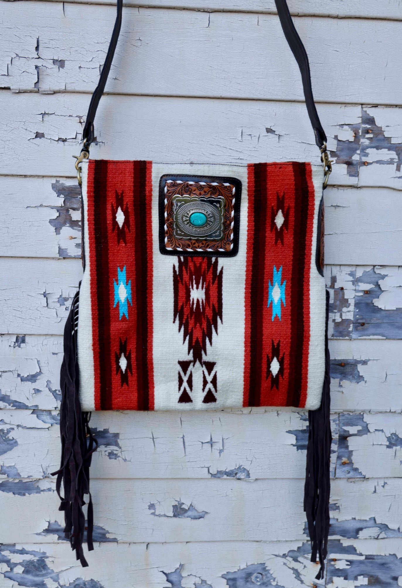 Clive Handwoven Wool & Leather Shoulder Bag – Turquoise Concho Accent
