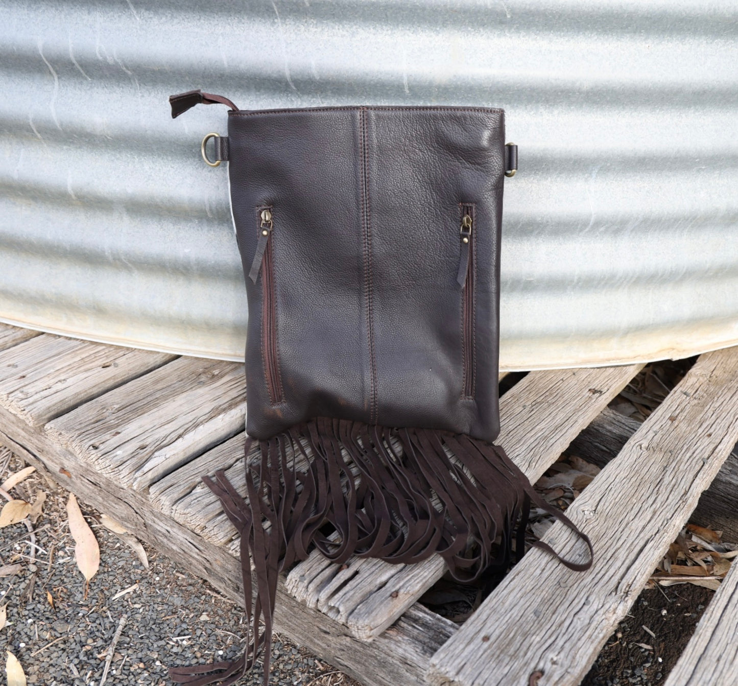 Clancy Cowhide Fringe Crossbody Bag – Tooled Leather Detail