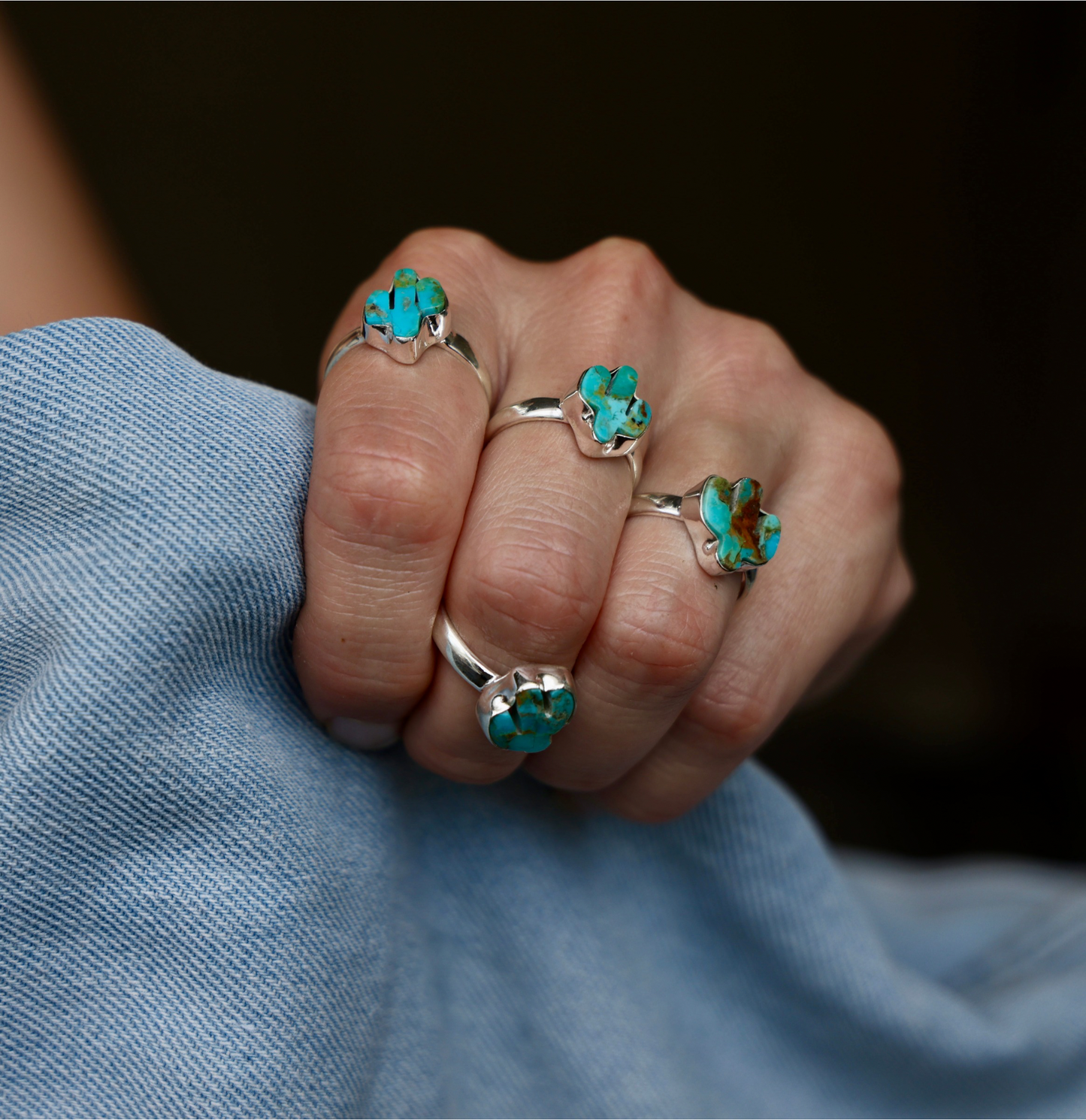 Sterling Silver & Genuine Kingman Turquoise Cactus Rings