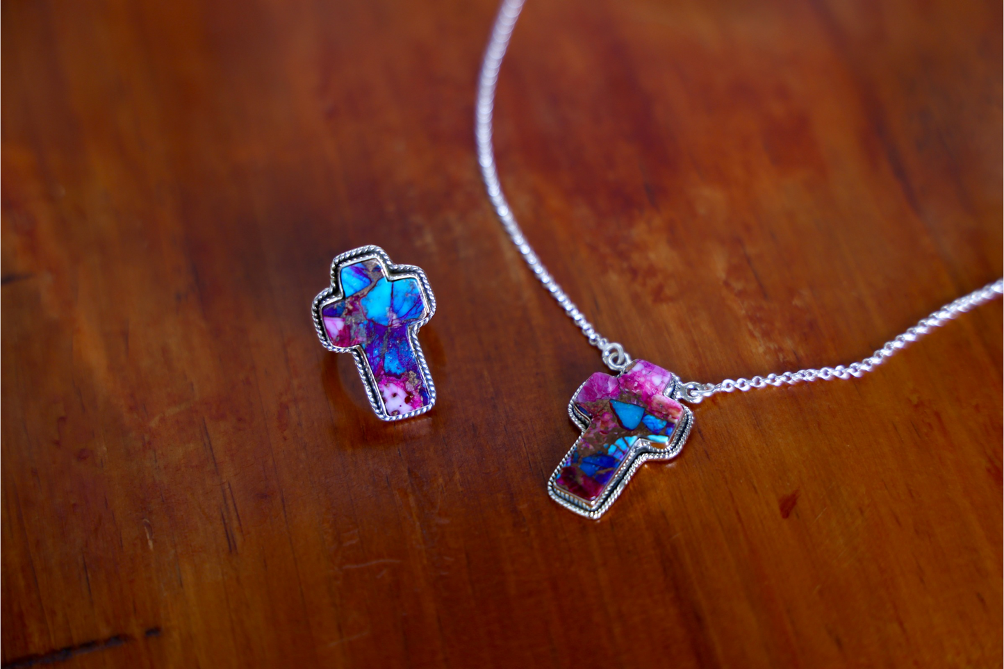 Sterling Silver Cross Ring – Turquoise, Spiny Oyster & Purple Jasper