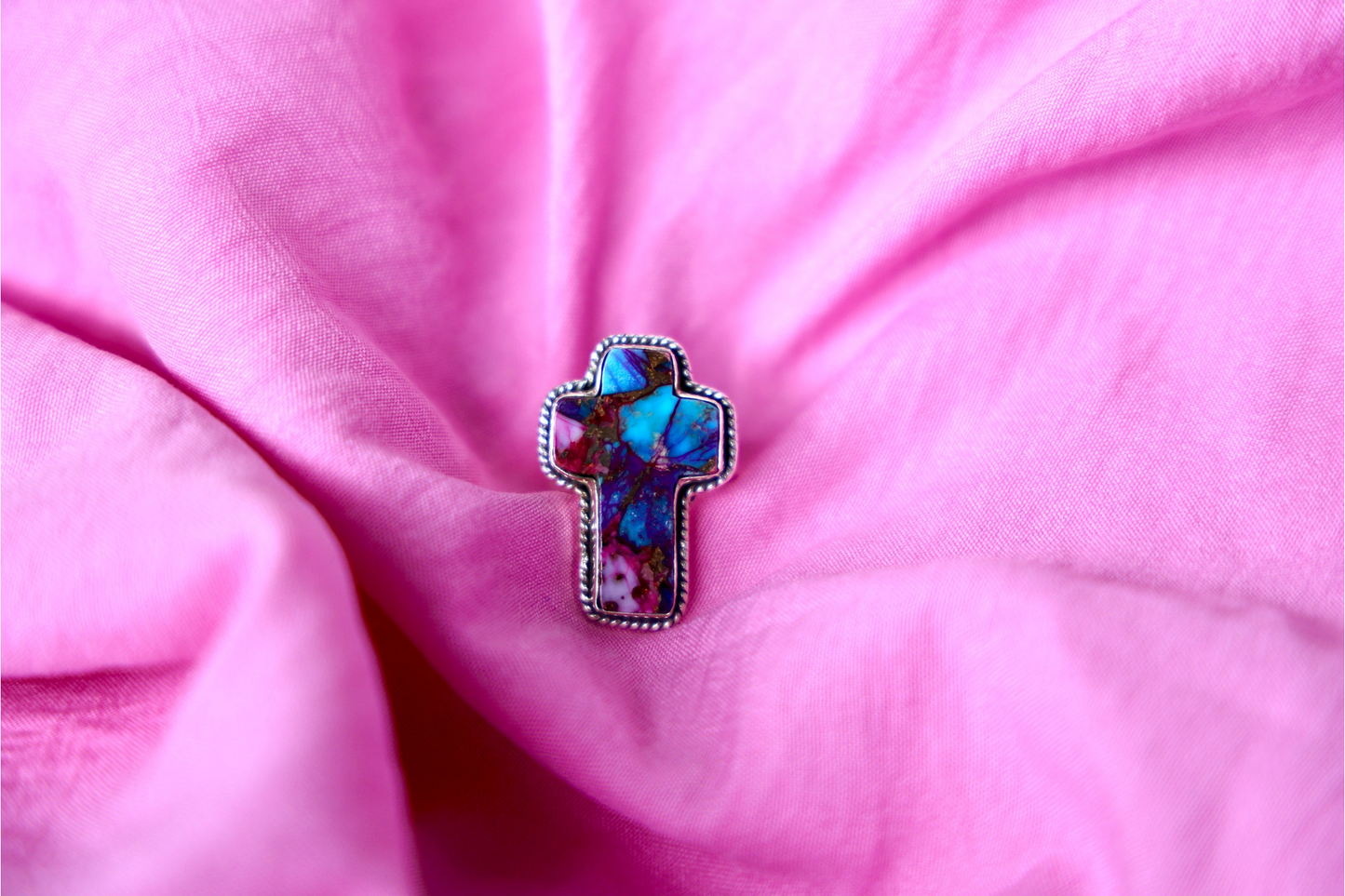 Sterling Silver Cross Ring – Turquoise, Spiny Oyster & Purple Jasper