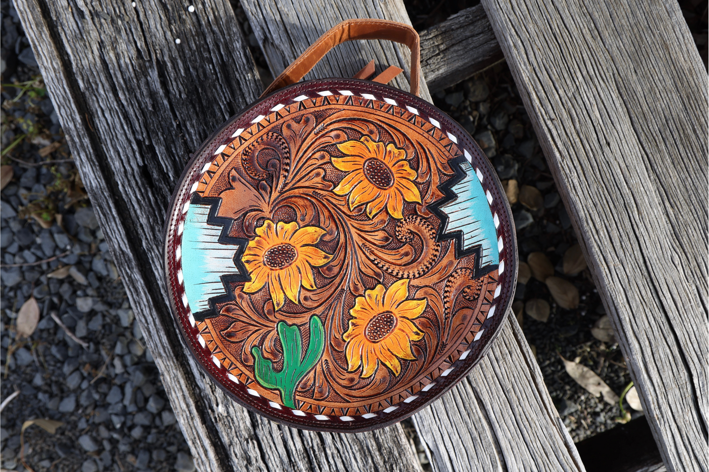 Amy Sunflower Hand Tooled Round Canteen Bag