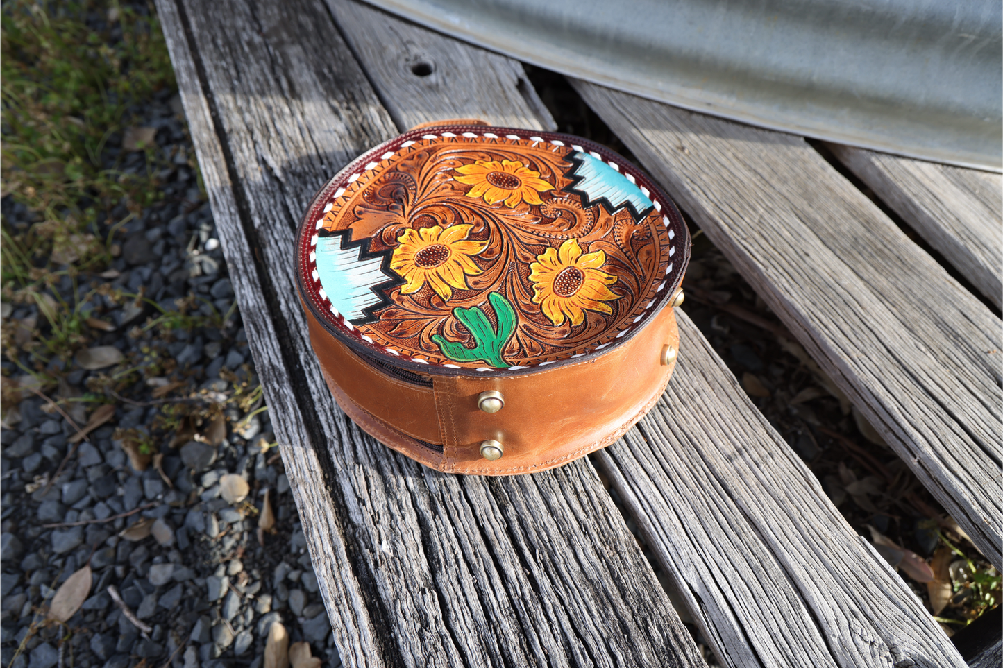 Amy Sunflower Hand Tooled Round Canteen Bag