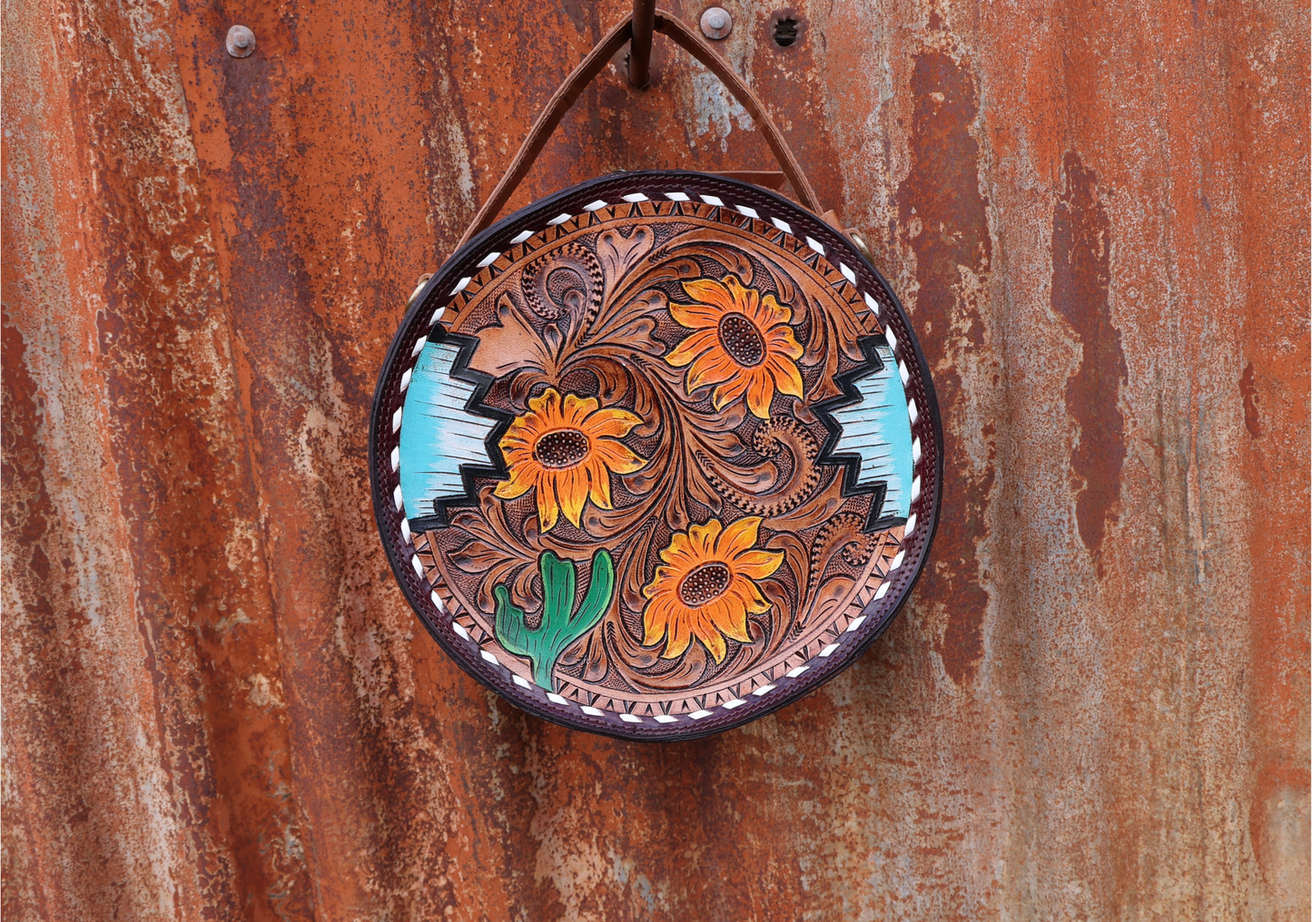 Amy Sunflower Hand Tooled Round Canteen Bag