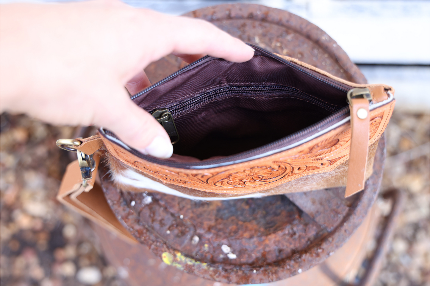 Hand-Tooled Leather & Cowhide Wristlet