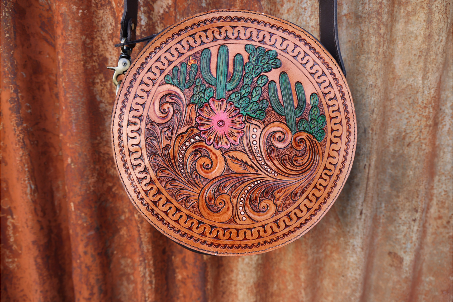 Hand tooled floral cactus canteen bag