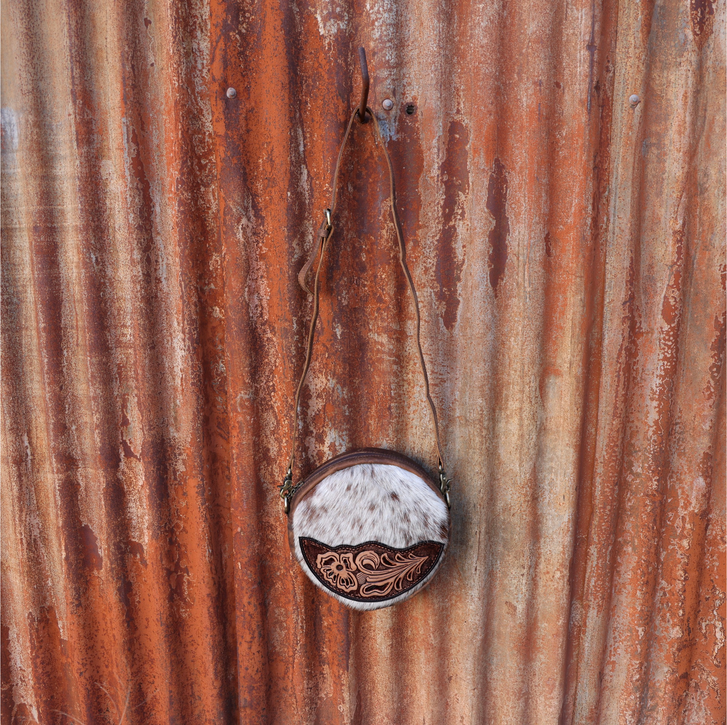 Delilah Round Cowhide & Tooled Leather Canteen Bag