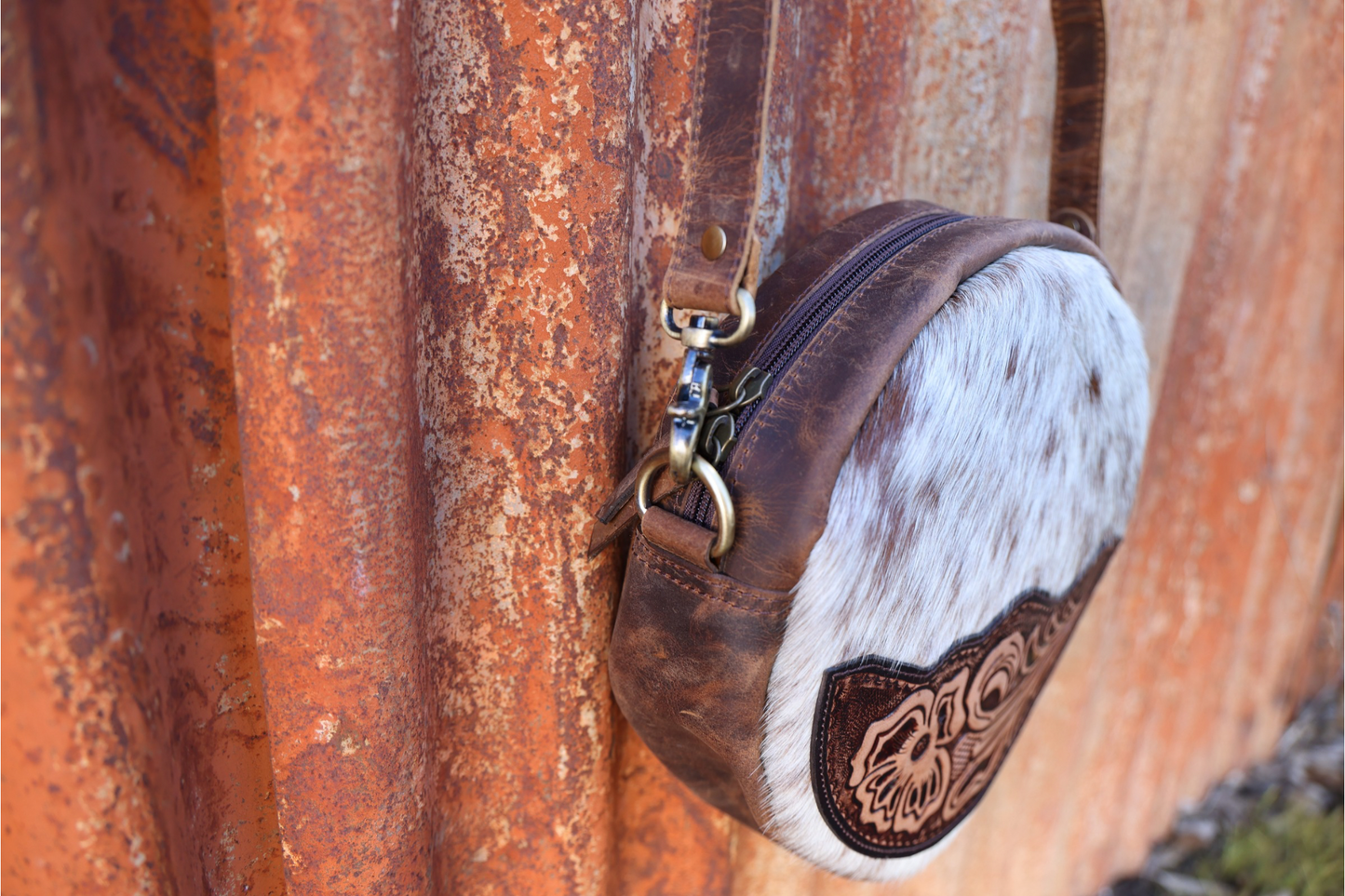 Delilah Round Cowhide & Tooled Leather Canteen Bag