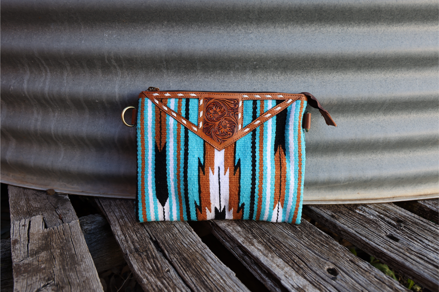 Turquoise Navajo saddle blanket clutch, bag with crossbody strap