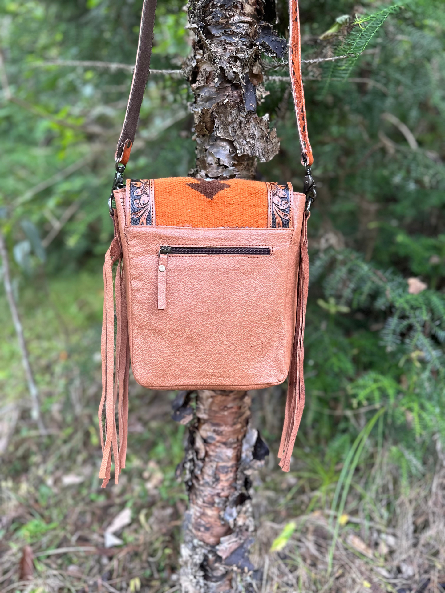 Betti Handcrafted Cowhide & Tooled Leather Crossbody Bag with Woven Aztec Design