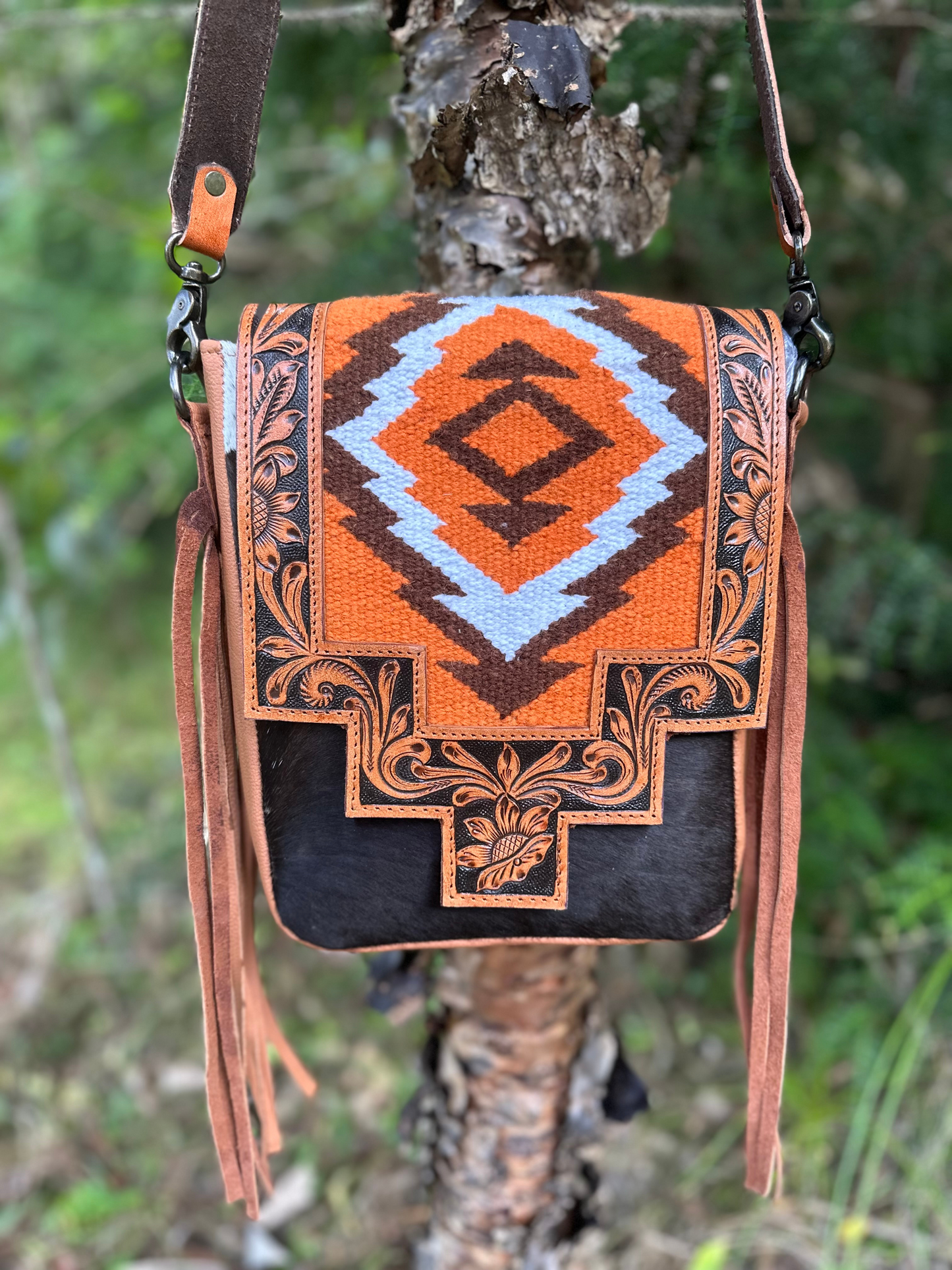 Betti Handcrafted Cowhide & Tooled Leather Crossbody Bag with Woven Aztec Design