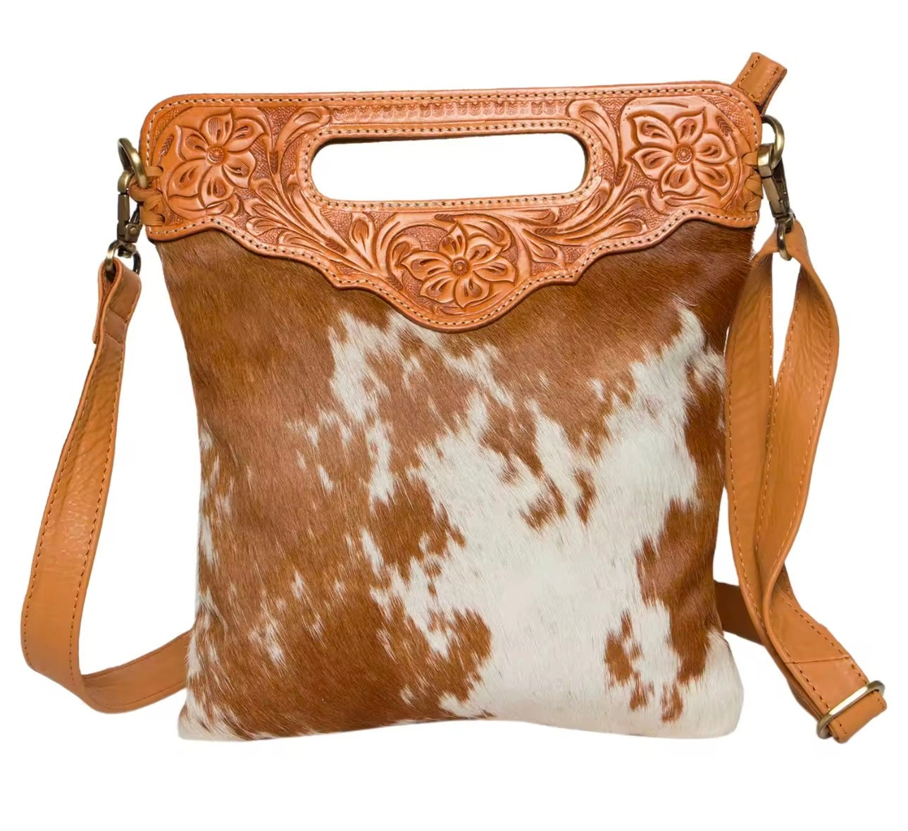 Tan & white hair on hide crossbody bag with hand tooled leather.