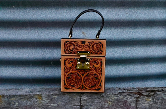 Hand tooled genuine leather box bag 