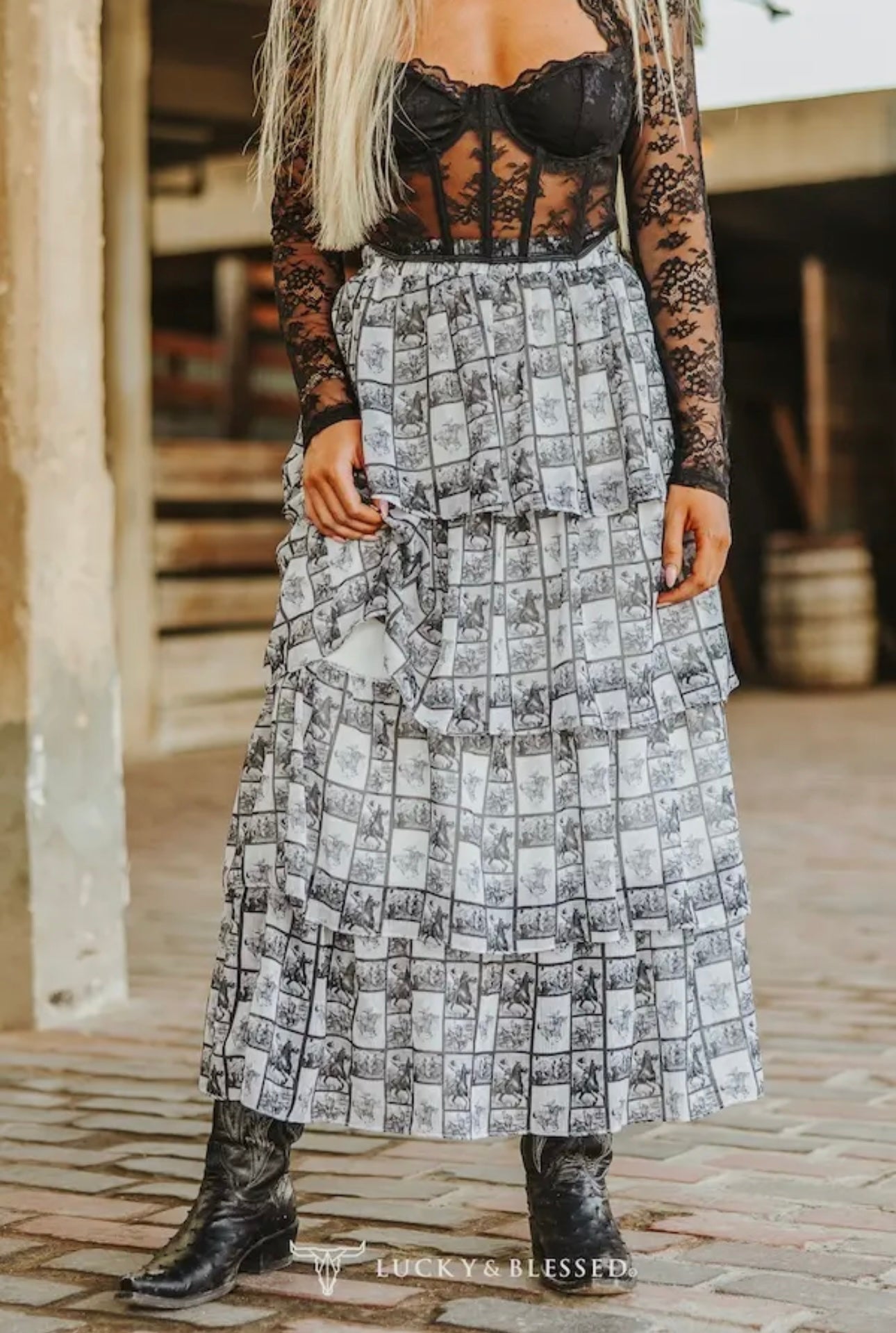 Western Print Ruffle Skirt