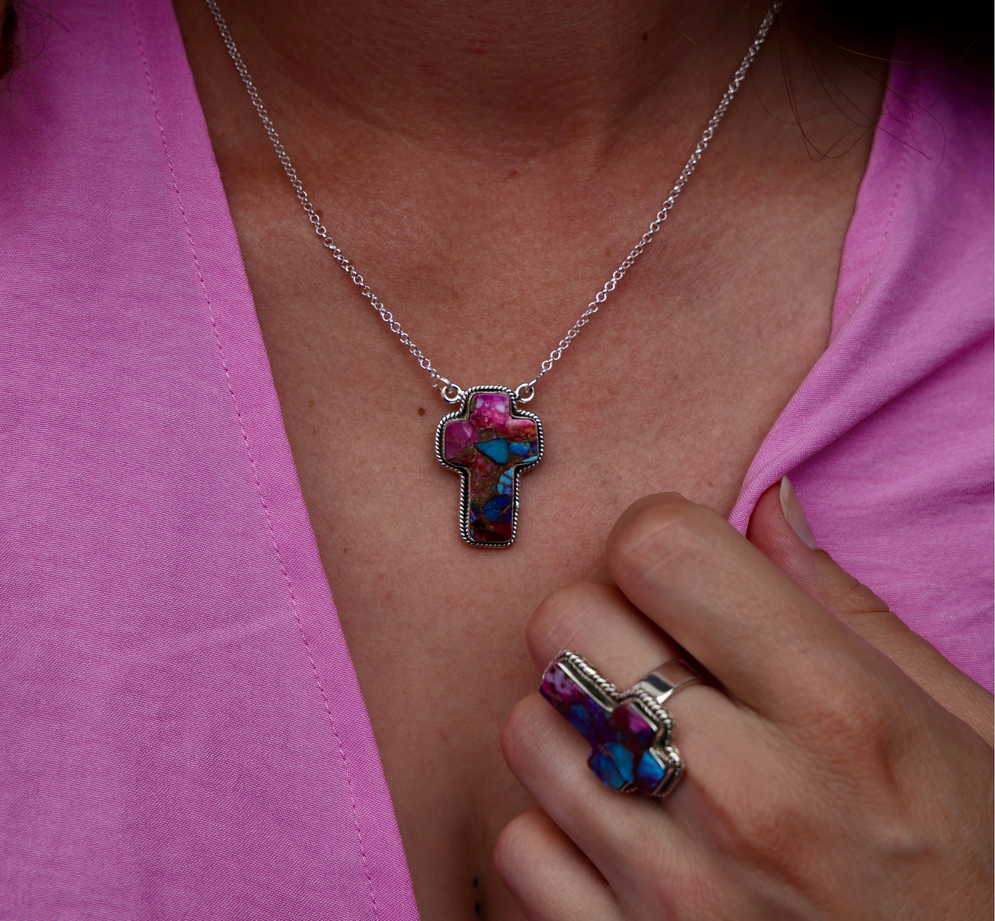 Sterling Silver Cross Necklace – Turquoise, Spiny Oyster & Jasper