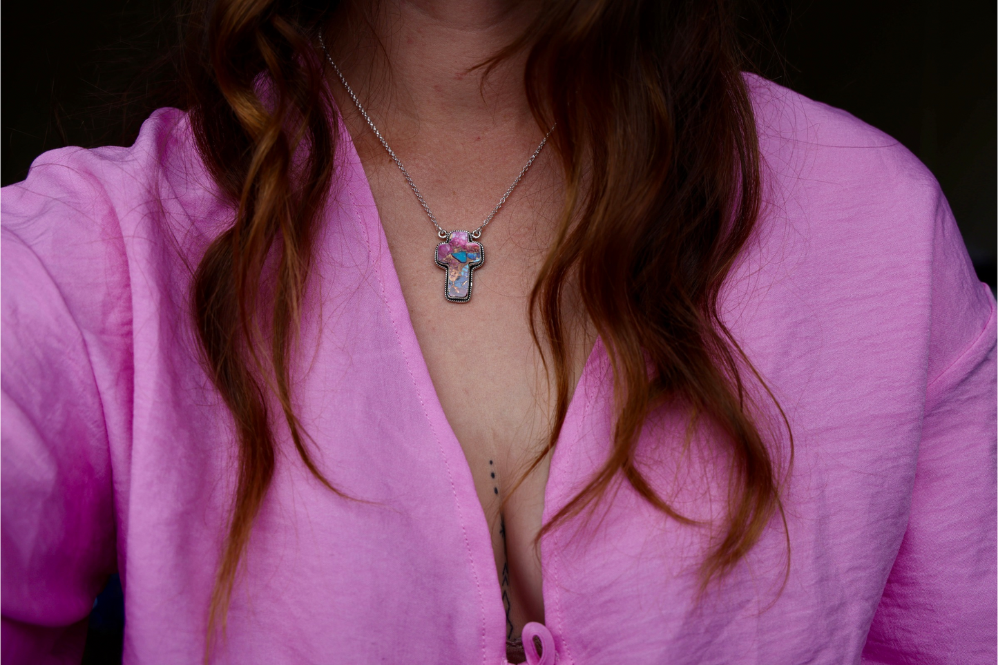 Sterling Silver Cross Necklace – Turquoise, Spiny Oyster & Jasper