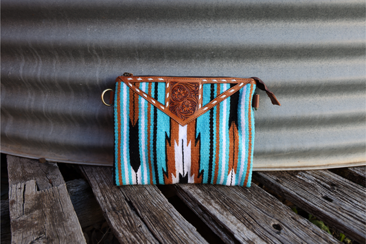 Turquoise Navajo saddle blanket clutch, bag with crossbody strap 