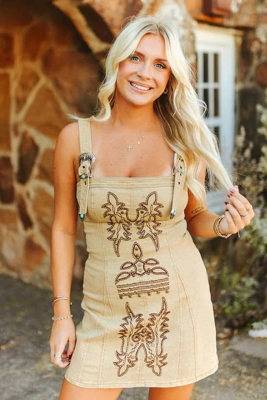 Buckle Strap Embroidered Mini Dress